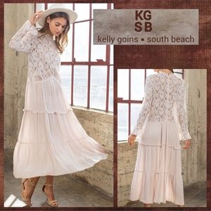 KGSB Collection "Boho Romance" Sexy Lace & Gauze Long Sleeve Babydoll Midi Dress